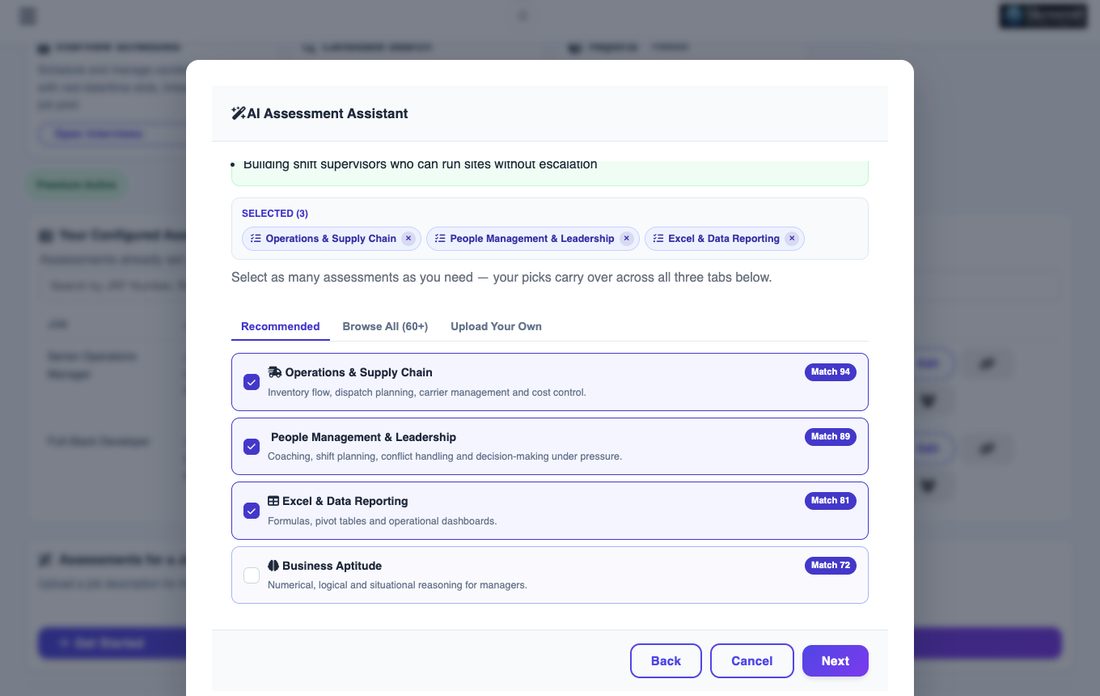 Recommended assessments with match scores
