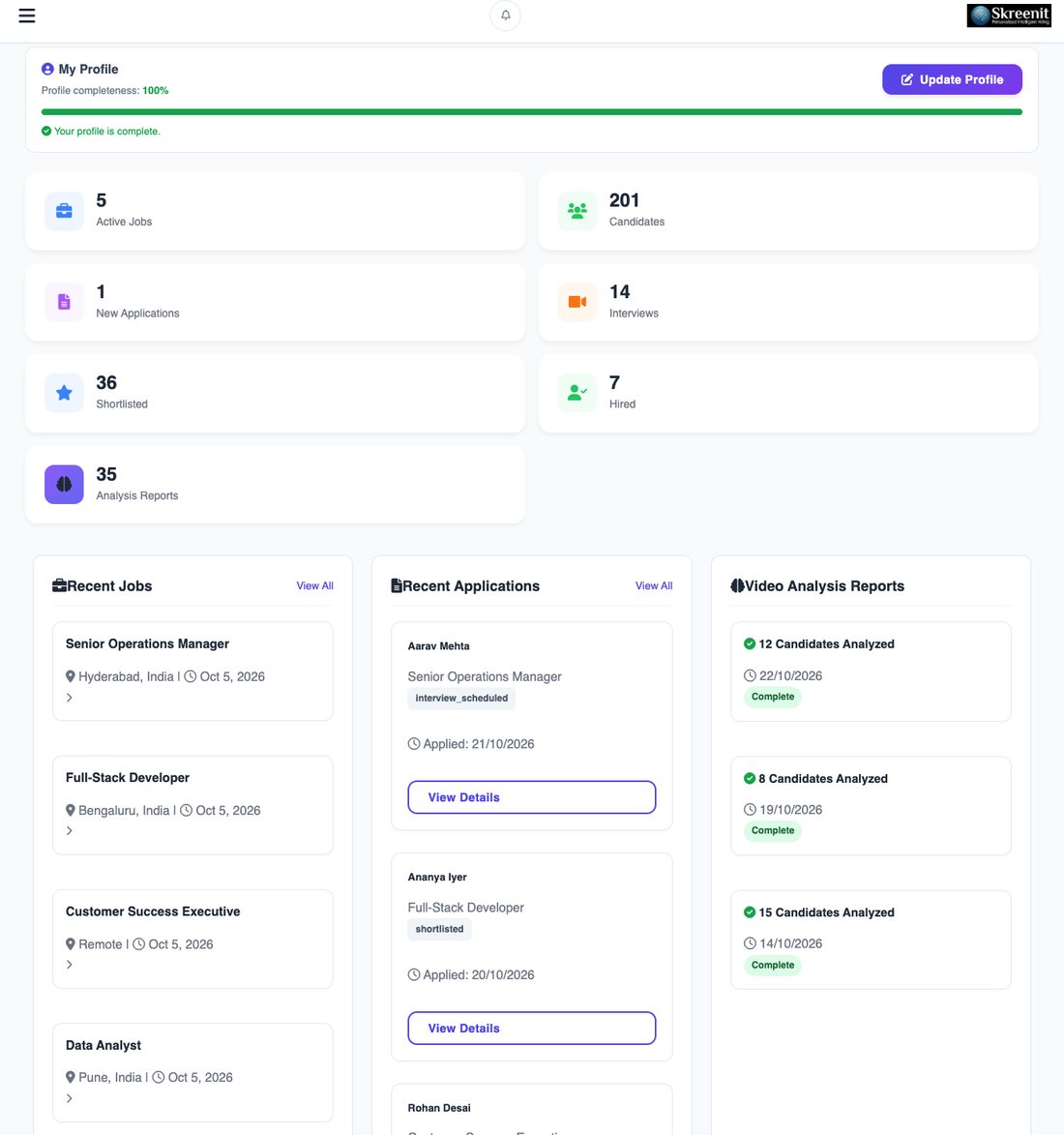 Recruiter dashboard with job, applicant and interview counts