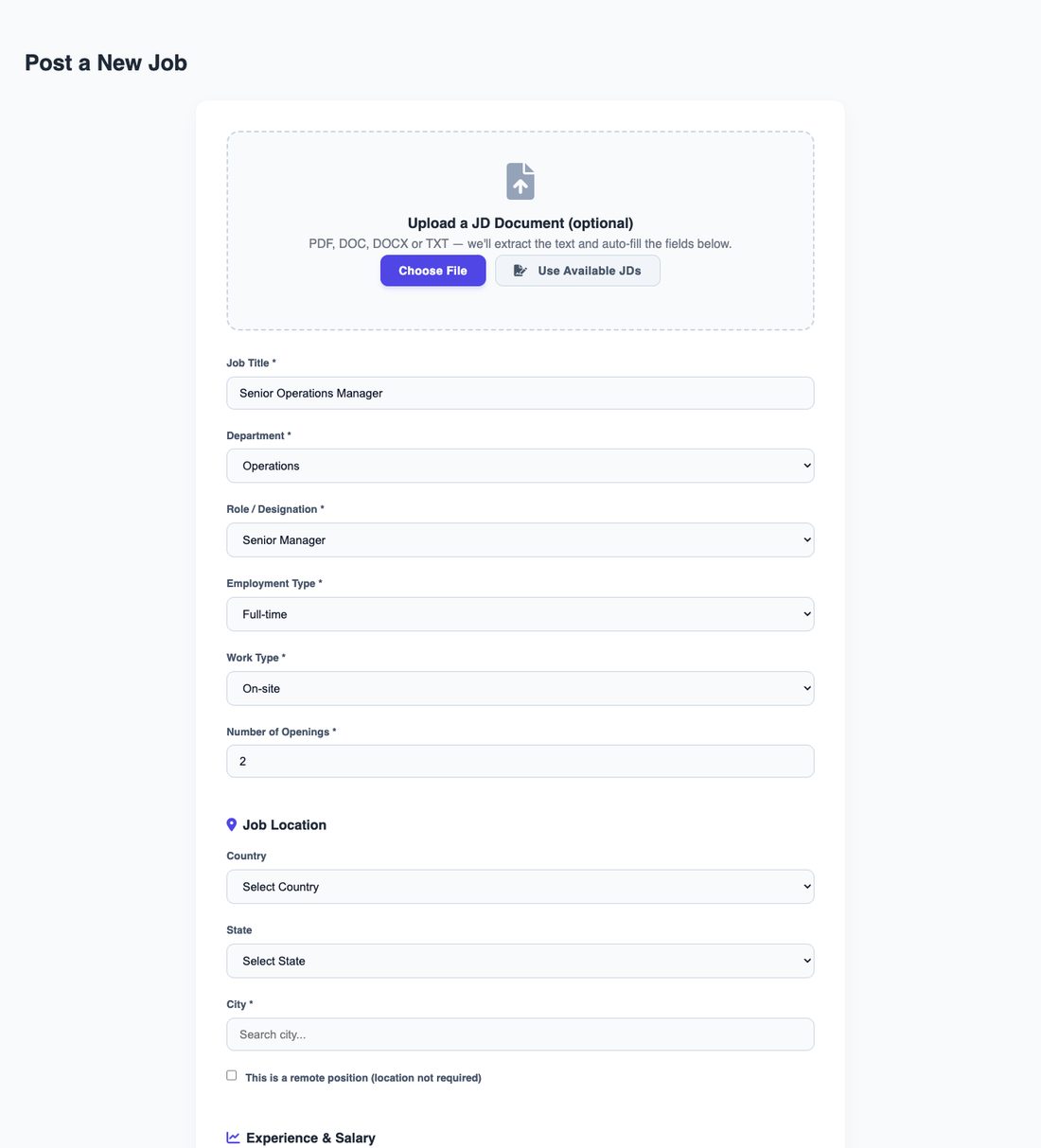Post a New Job form